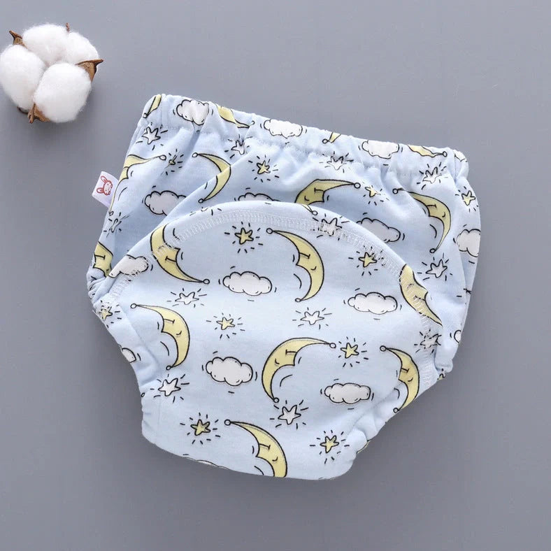 Washable baby training pants with 6-layer gauze construction in pure cotton, showing five colour options