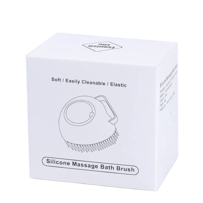Blue silicone dog bath and massage brush held in a hand.