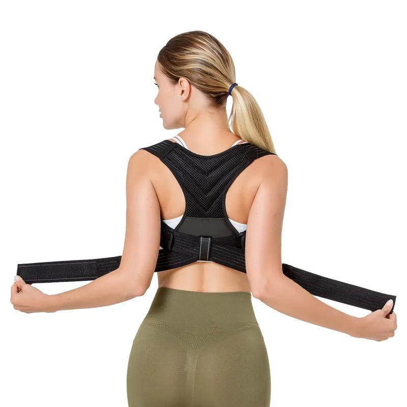 Black anti-humpback correction belt with adjustable straps for posture support during sports activities