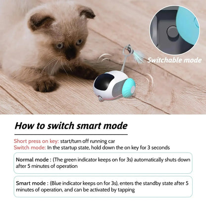 Blue remote-controlled smart cat toy car with feather teaser attachment on hard floor