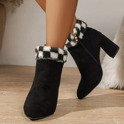 Women's plaid print plush ankle boots with square heel and fur insole