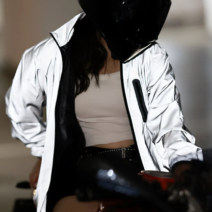 Waterproof polyester long sleeved top in BL220 silver colour showing front view and sizing details