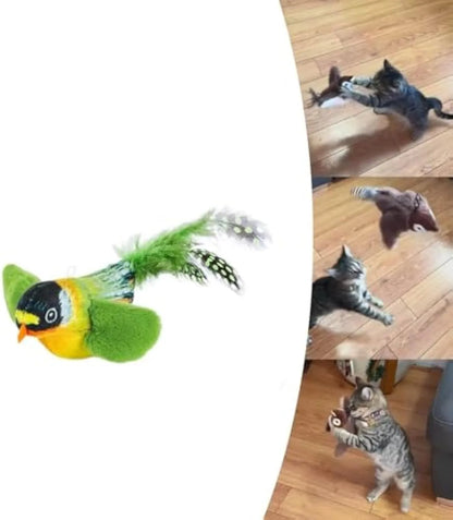 Flappy Chase Cat Toy interactive chirping sparrow with flapping wings and shaking motion in Blue, Gray, or Green.