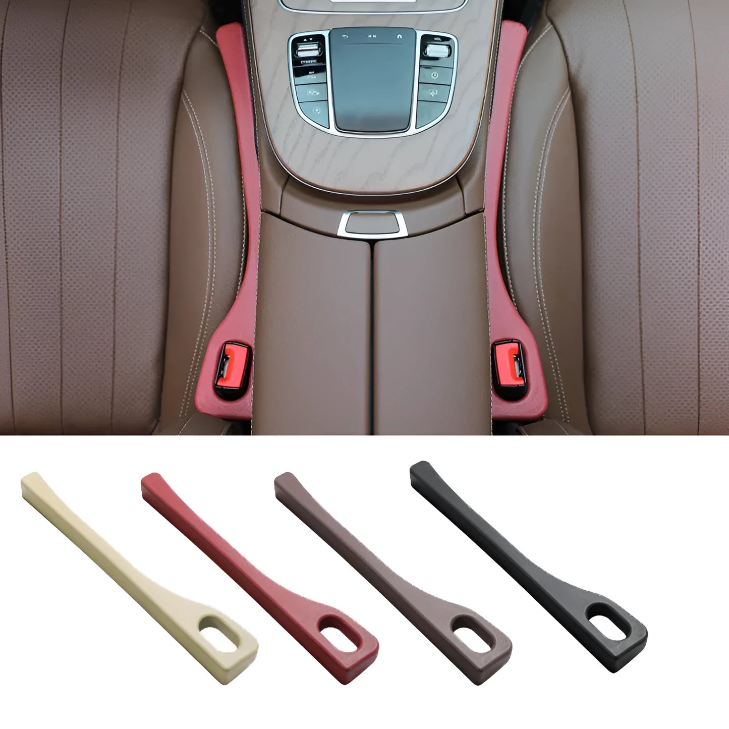 Flexible polyurethane car seat gap filler strip in selected colour next to car keys and phone.