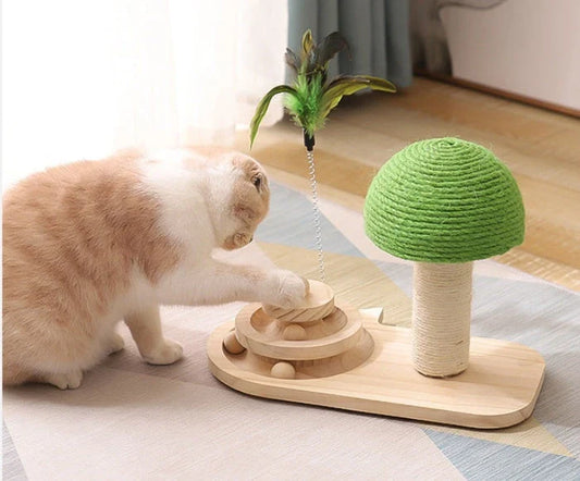 Solid wood cat scratching post with suspended sisal balls for interactive playtime and exercise