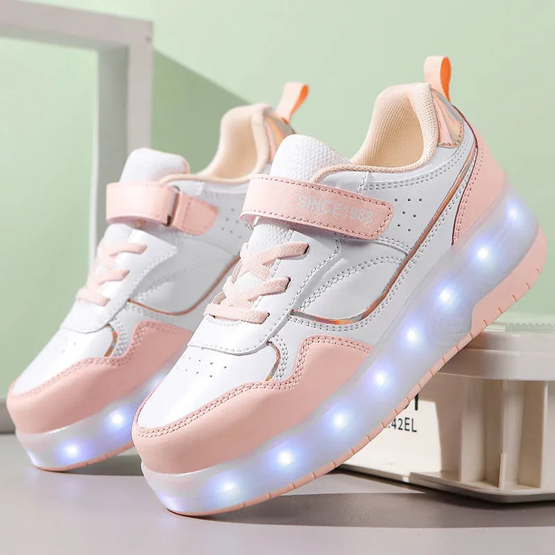 Children's charging flash roller skates with LED lights in pink, white, purple, and black colour options