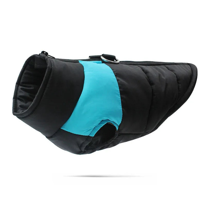 Waterproof padded dog winter jacket with zipper, shown in red on a medium-sized dog.