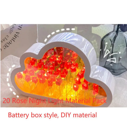DIY tulip-shaped night lamp kit with LED lights and mirror surface in assorted colours on a desk.