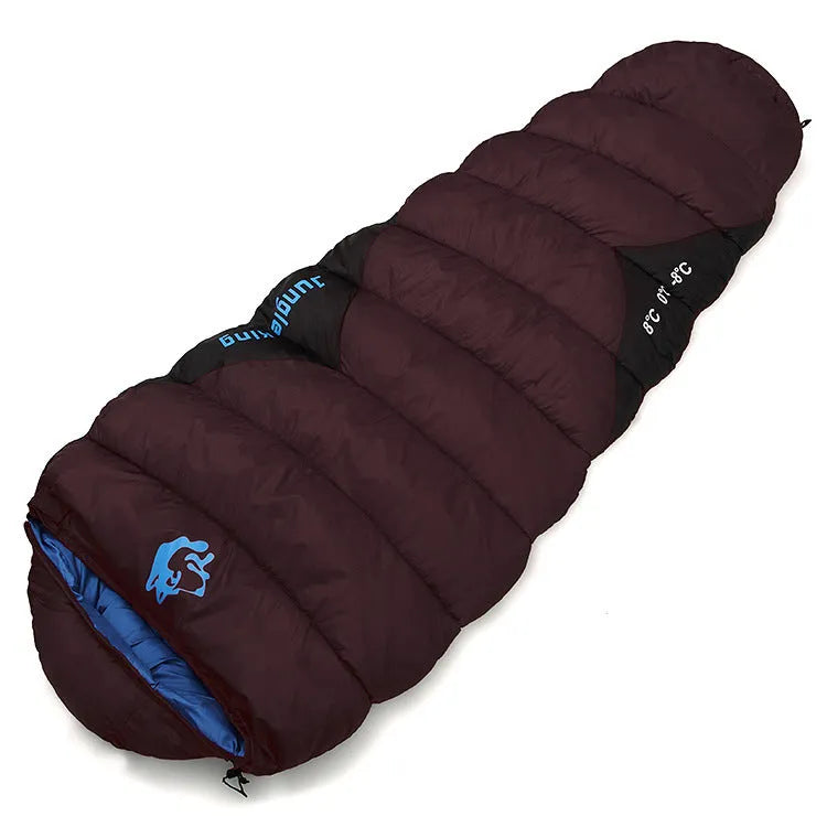 Outdoor mummy sleeping bag in army green with a compression sack, shown unrolled.