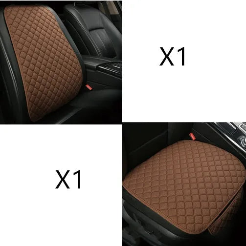 Flax linen car seat cover protector in beige, black, red and brown, with cushion and five-seat style options.