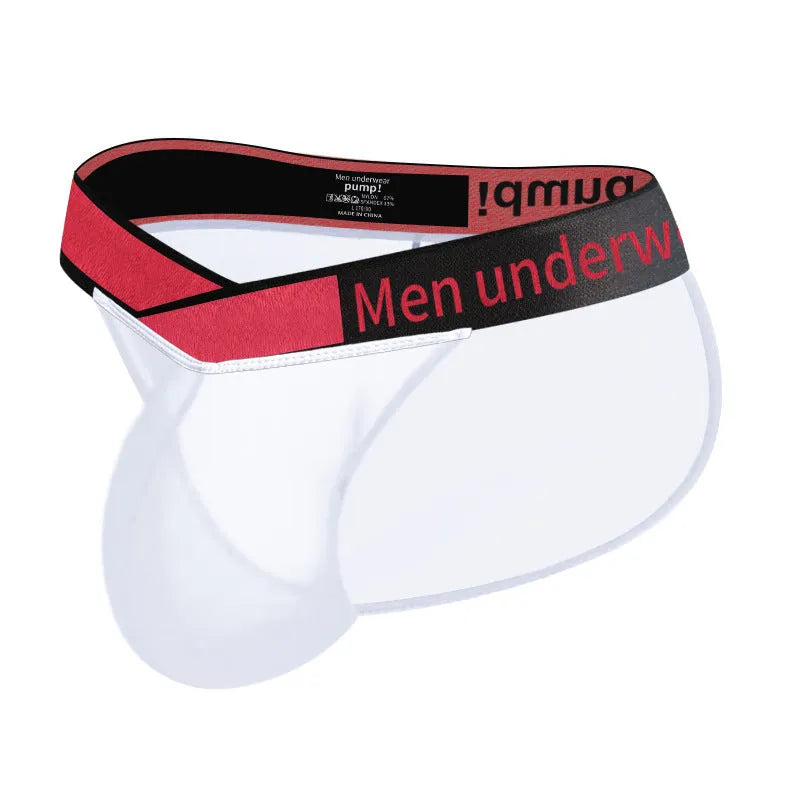 Men's black ice silk briefs with low waist and large V gradient high fork design on a white background