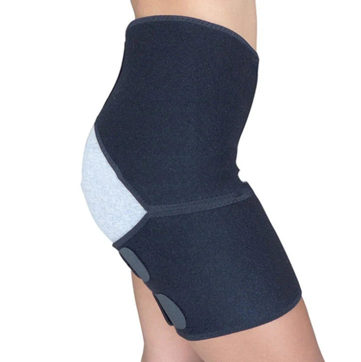 Inguinal hip support strap with rubber construction and adjustable fastening