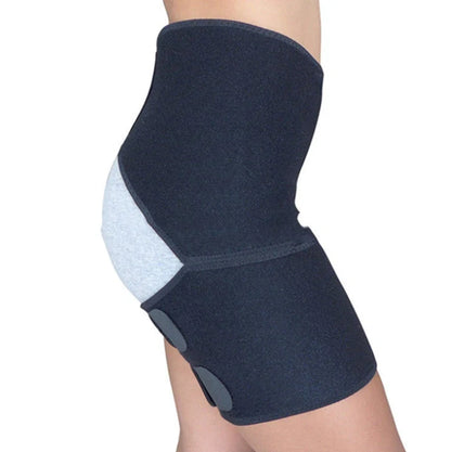 Inguinal hip support strap with rubber construction and adjustable fastening
