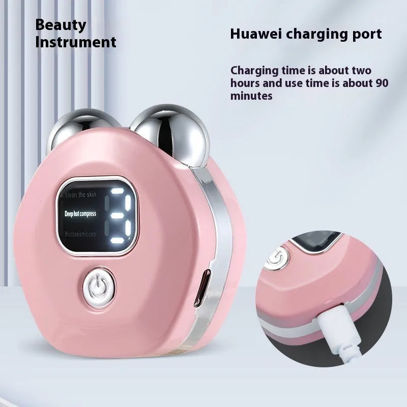 White portable micro current massage instrument with double-roller design and hot compress function for skin rejuvenation