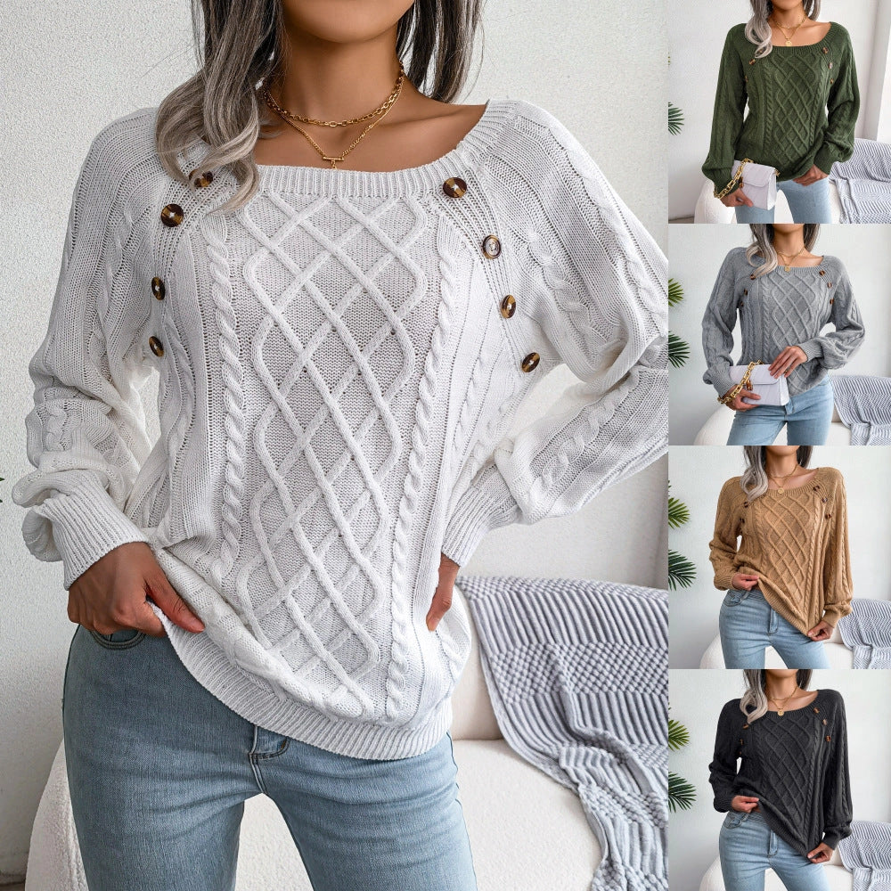 A stylish knitted sweater with a square neckline and button accents, available in a variety of trendy colors for a cozy and fashionable winter look.