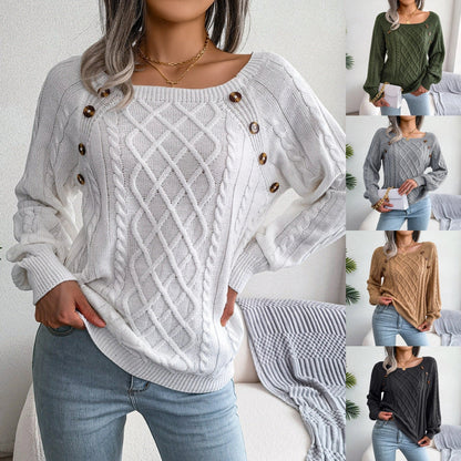A stylish knitted sweater with a square neckline and button accents, available in a variety of trendy colors for a cozy and fashionable winter look.