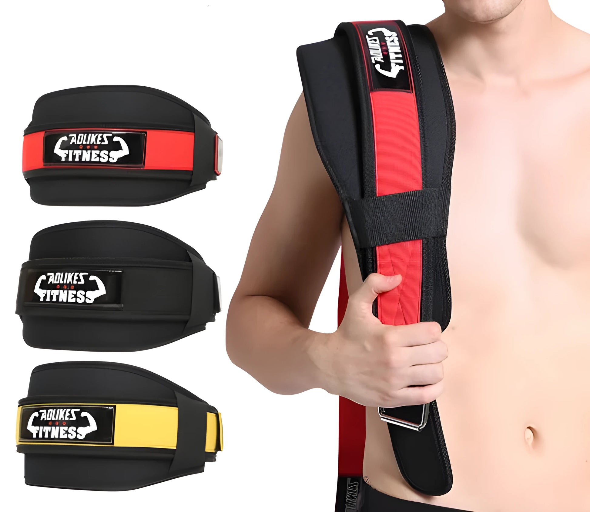 Fitness weightlifting waistband made from nylon material available in black, red, and yellow colours