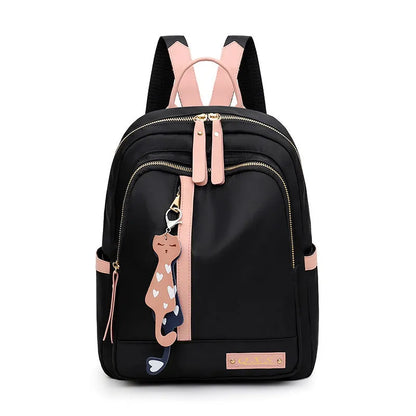 Black square vertical nylon backpack with double shoulder straps showing multiple compartments and anti-theft features