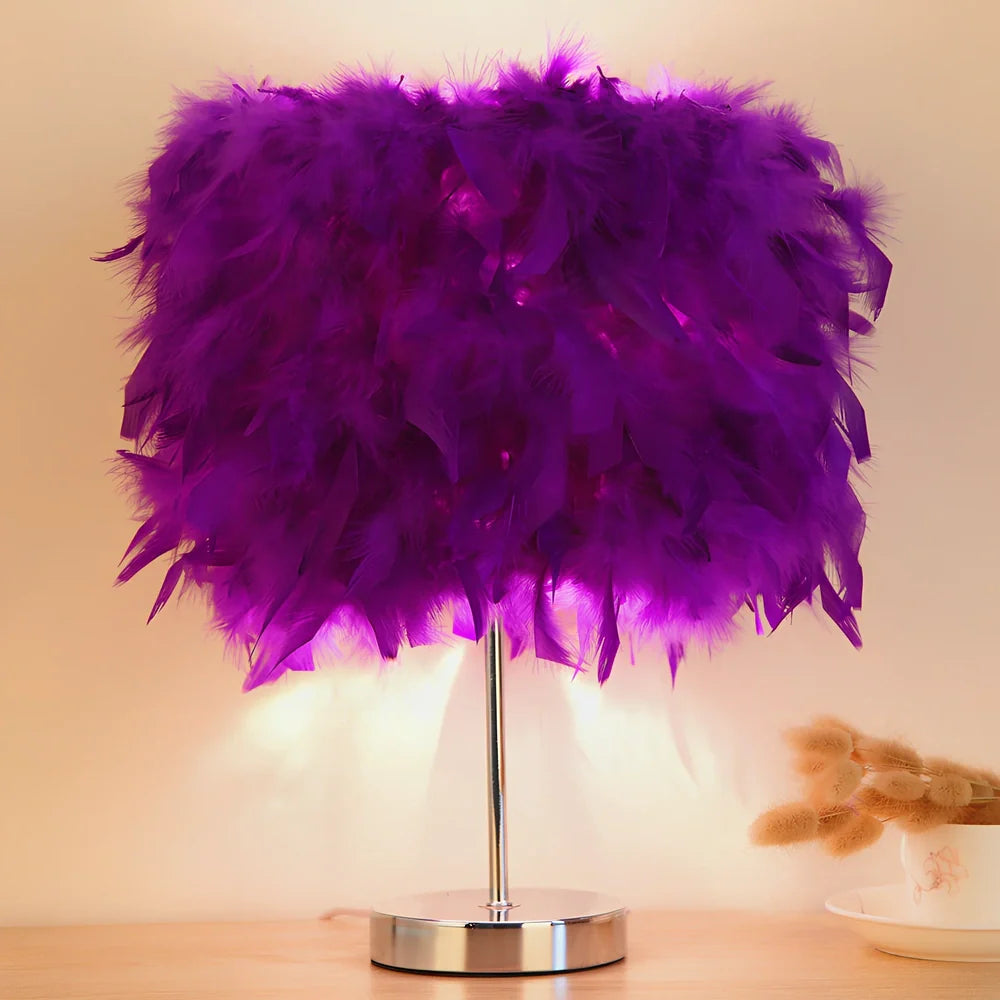 Feather night light with fur shade showing push-button switch and LED illumination in pink colour option
