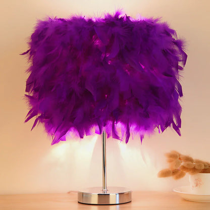 Feather night light with fur shade showing push-button switch and LED illumination in pink colour option