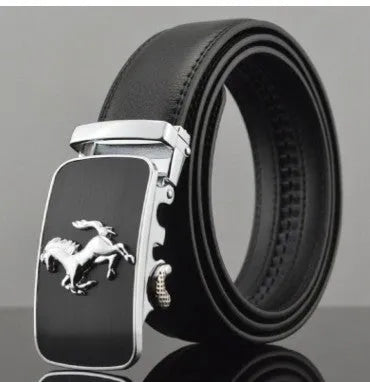 Men's black leather belt with automatic buckle mechanism showing 3.5cm width