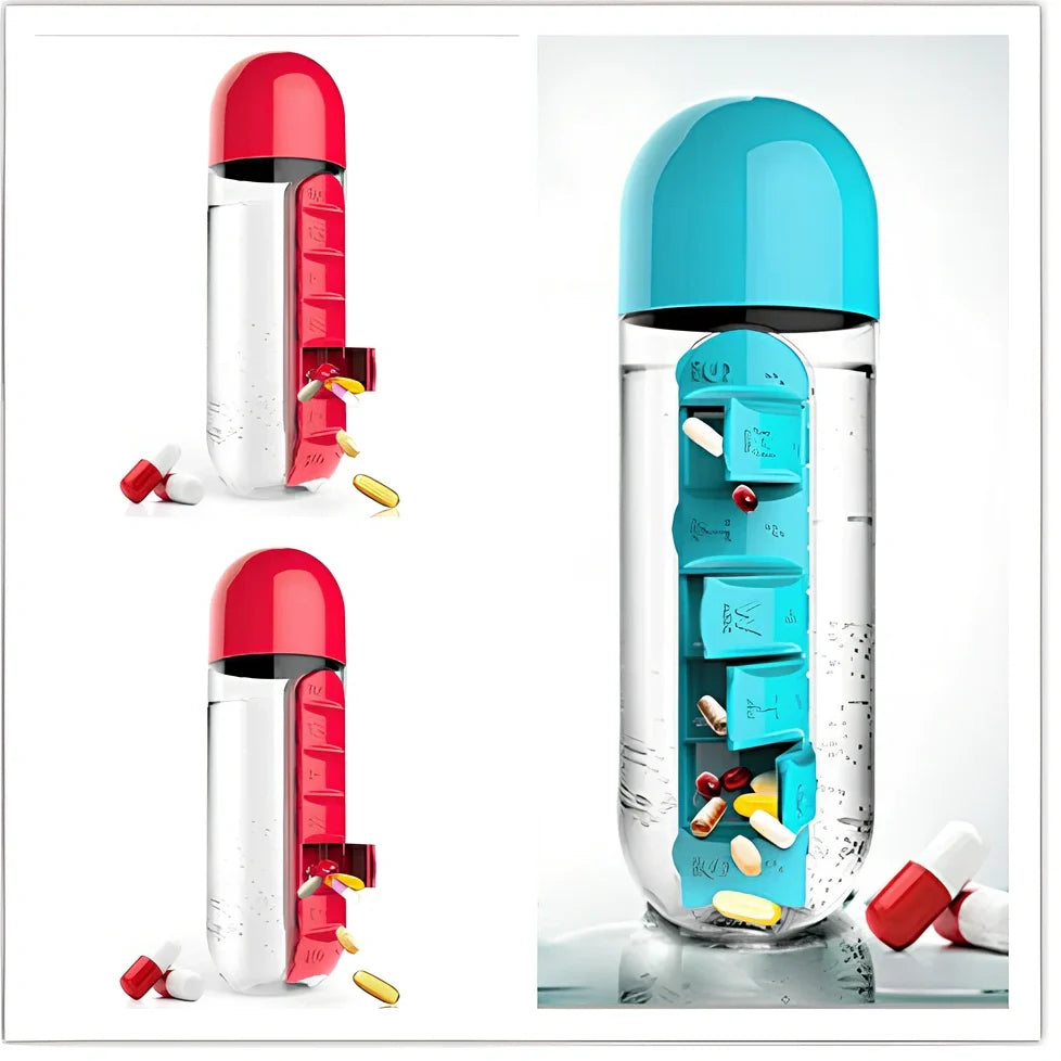 Two-in-one water cup with attached 7-day pill organiser showing daily compartments and screw-top lid