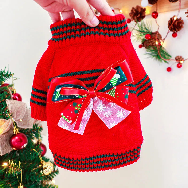 Red and green dog Christmas jumper showing festive design with size guide for dogs 1-9kg