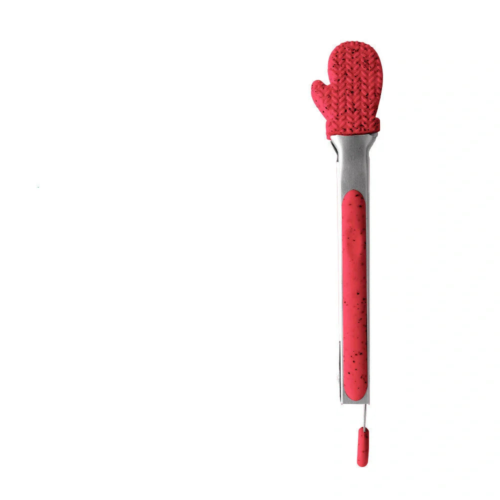 Christmas-themed silicone kitchen tongs set with locking clip for BBQ and bread
