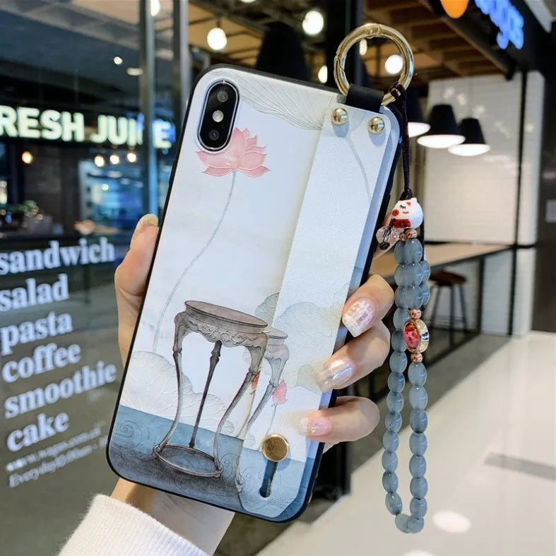 Rose flower printed iPhone case with wrist strap loop, compatible with iPhone 7 to 11 Pro Max models