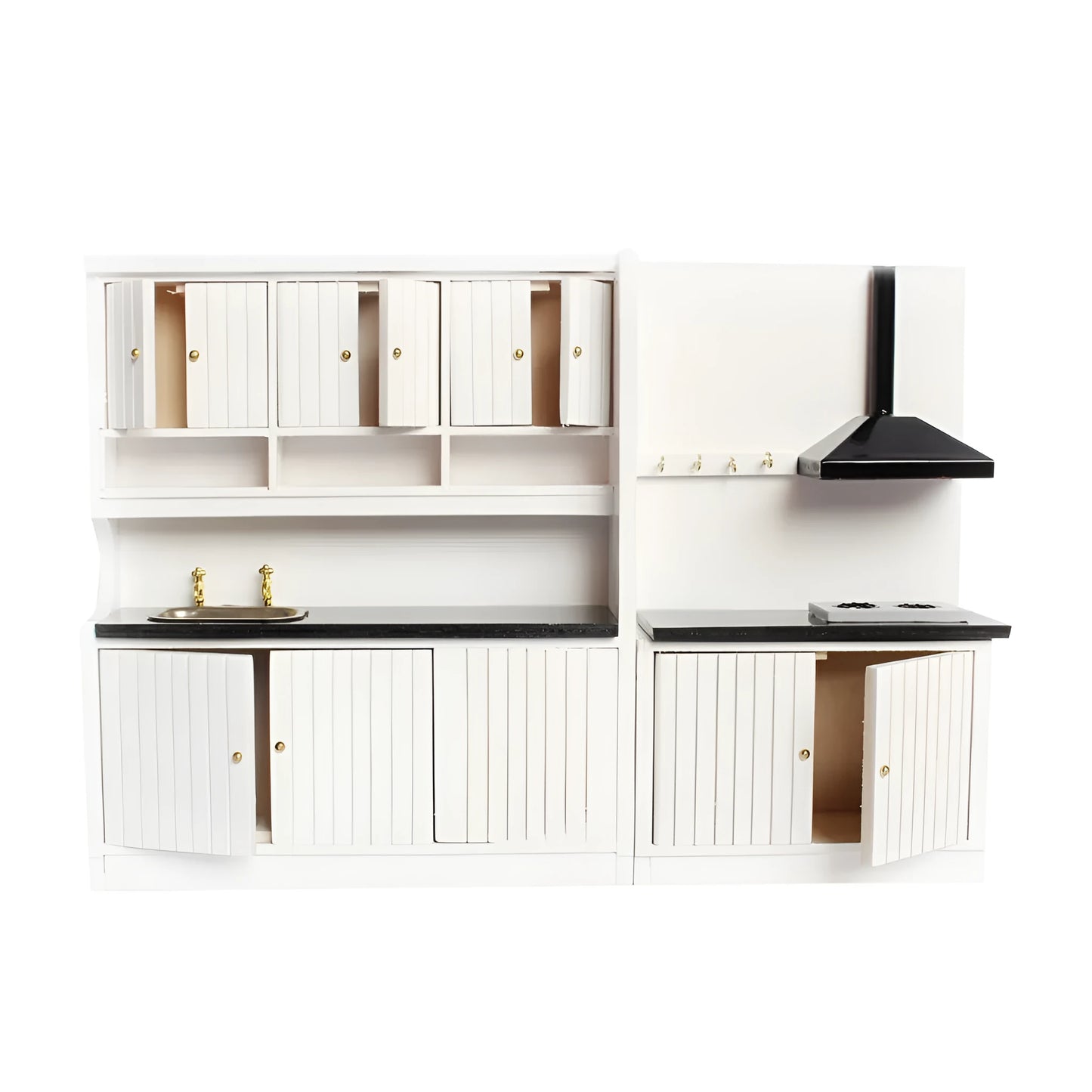 White European-style dollhouse kitchen cabinets with working doors and metal handles on a wooden surface.