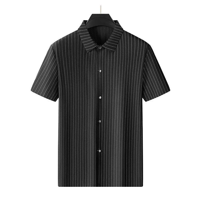 Black and khaki striped plus size men's casual shirt with a square collar, shown in a loose fit.