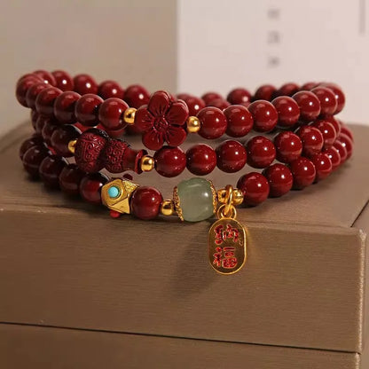 Women's Chinese style cinnabar bracelet with 6mm multi-circle gourd and five petal flower geometric design
