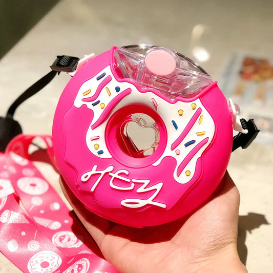 Donut-shaped water bottle with straw in various fun color options, perfect for on-the-go hydration