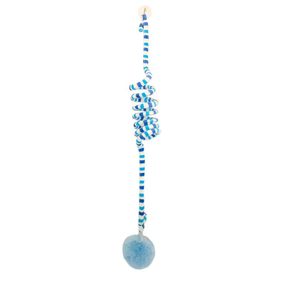 Blue interactive cat hanging toy with 8cm plush ball on 70cm stretchable wand attached via suction cup