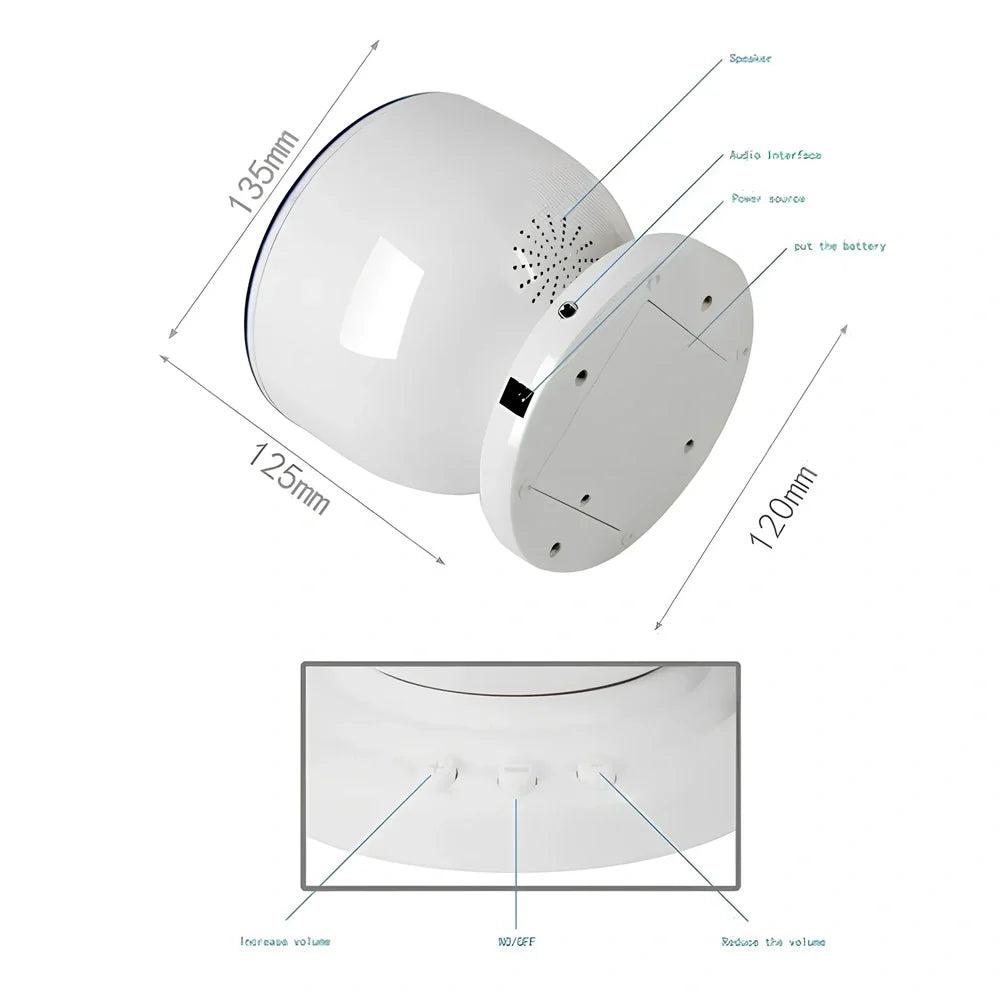 White and blue ocean wave projector measuring 13x12x12 cm with remote control