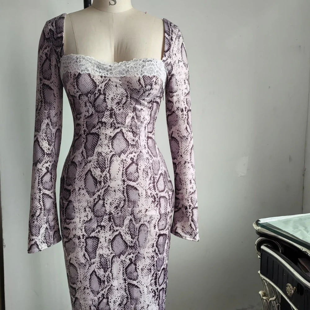 Grey digital printed lace dress with 3D pattern, A-line skirt, and long sleeves in slim fit silhouette