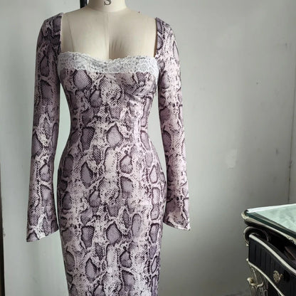 Grey digital printed lace dress with 3D pattern, A-line skirt, and long sleeves in slim fit silhouette