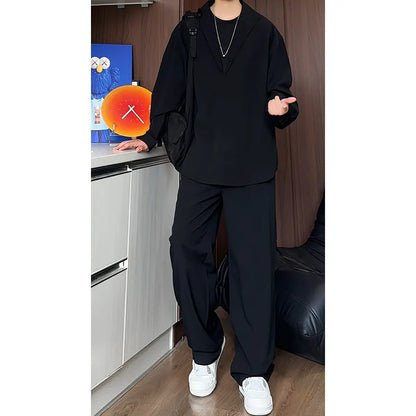 Men's two-piece casual suit with long sleeve polo shirt and trousers in elastic hemp fabric
