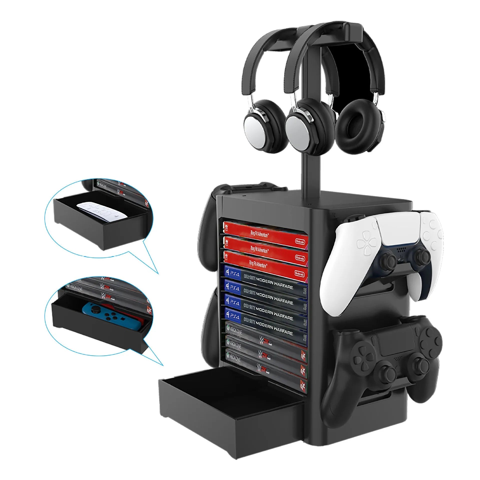 Black ABS gaming storage rack with hanging controllers, a drawer open showing game cases, and headphones on top.