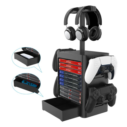 Black ABS gaming storage rack with hanging controllers, a drawer open showing game cases, and headphones on top.