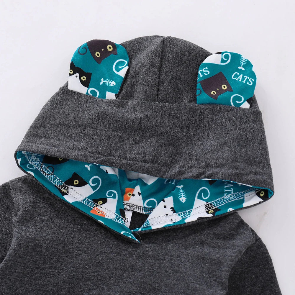 Cotton cat print pants suit for children aged 1-3 years in four height sizes