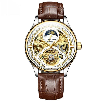 Men's automatic mechanical watch with leather strap showing 16mm thickness and business-style dial design