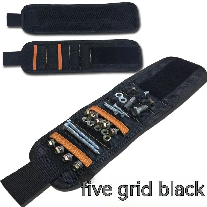 Black magnetic wristband with 15 grid pockets and Velcro strap, holding screws and a screwdriver.