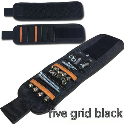 Black magnetic wristband with 15 grid pockets and Velcro strap, holding screws and a screwdriver.