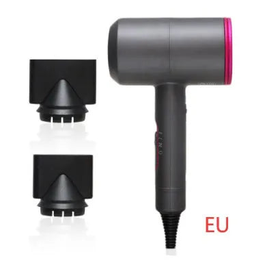 Black hotel hair dryer with 2.5m cable, concentrator nozzle, and multiple international plug adapters