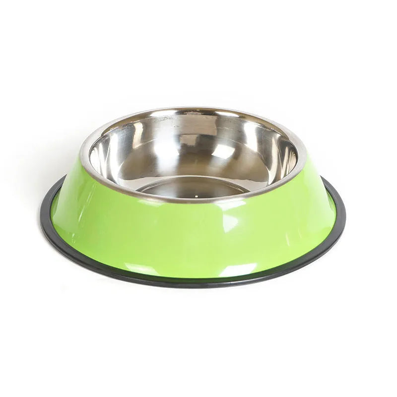 Stainless steel pet bowl with colourful melamine exterior in various sizes with non-slip rubber base