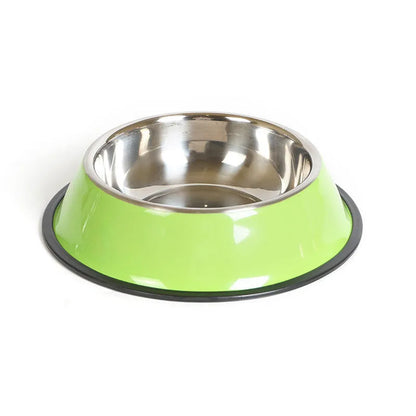 Stainless steel pet bowl with colourful melamine exterior in various sizes with non-slip rubber base