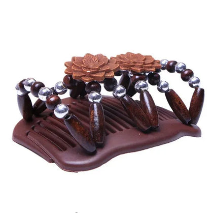 Elastic beaded hair comb with plastic frame and wooden beads, 17.5x10.3cm, vintage hair accessory