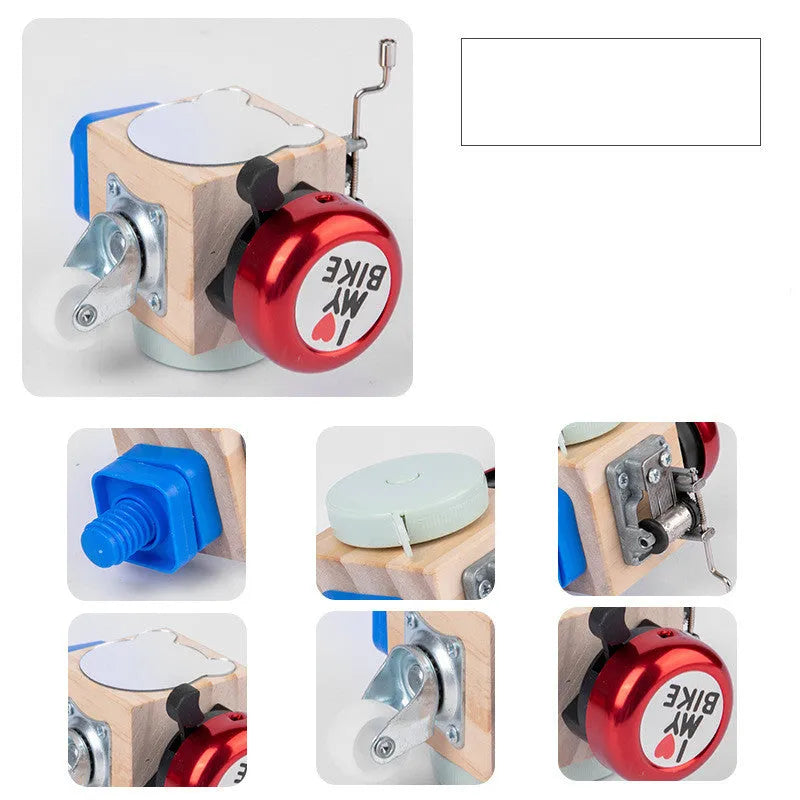 Wooden 7-in-1 busy board for toddlers, 15x11x13.5cm, with locks, spinning tops, and cube puzzle