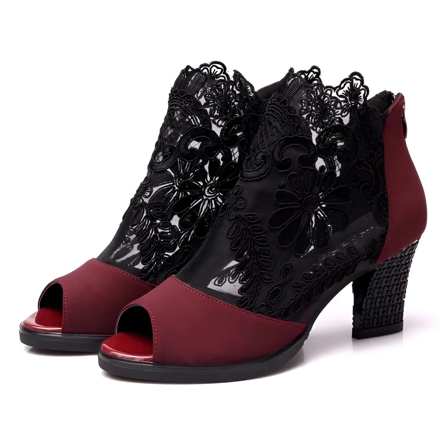 Lucyever women's black gladiator sandals with square heel, zip closure, and floral lace design